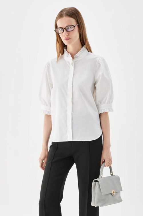 Hvit bomull/poplin stretch bluse med puff og volangdetaljer Busnel ...